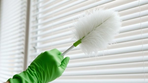 Clean blinds fast and easy with green gloved hand dusting.