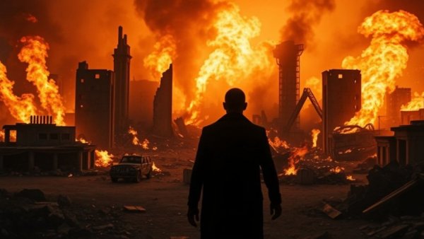 Dramatic scene of empire's fiery collapse amid ruins.