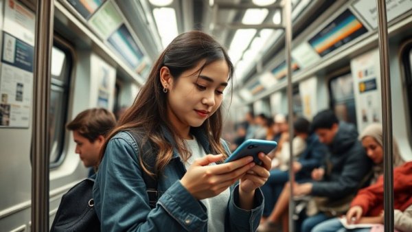 Engaged woman managing tasks on phone in subway, Manage Your Store Remotely.