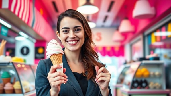 Ice Cream Business Success: Smiling woman in vibrant shop holding cone.