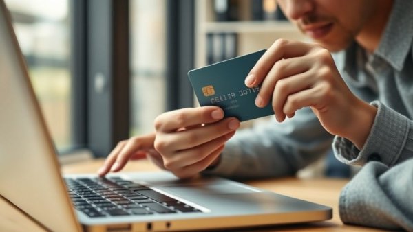 Online shopper holding credit card facing checkout abandonment.