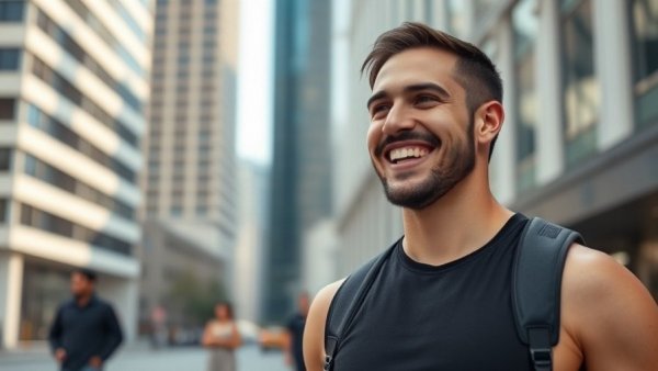 Athletic man discussing his weight loss journey in street setting.