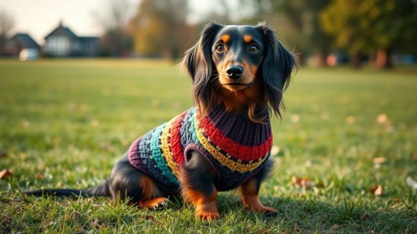 Dachshund in colorful sweater sitting on grass, calm and serene.
