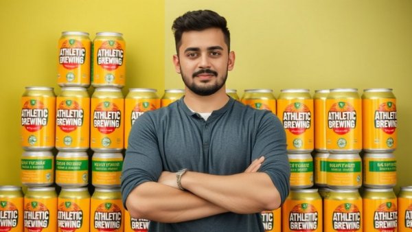 Casual man with crossed arms in front of Athletic Brewing non-alcoholic beer cans.