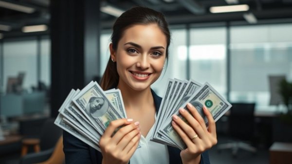 Confident woman with money illustrating cleaning business profit potential.