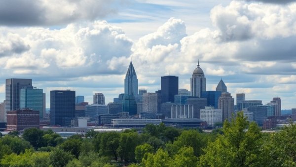 Minneapolis skyline with clouds and greenery, symbolizing change.