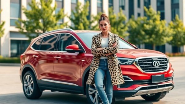 Confident woman with red SUV, brands take the risk out of buying.