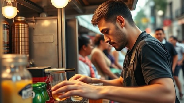 Oatly milk alternative drink being prepared in a busy food truck.