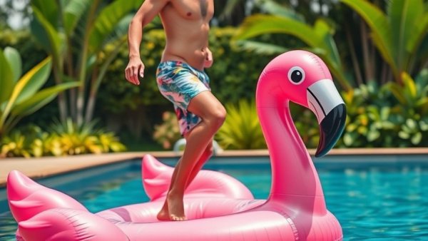 Young man learning new skill this summer on a flamingo float by the pool.