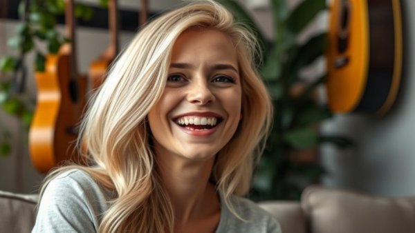Blonde woman smiling indoors with guitars in the background