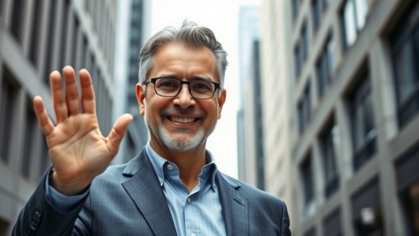 Professional man in a suit smiling and waving, AI spending on data centers.