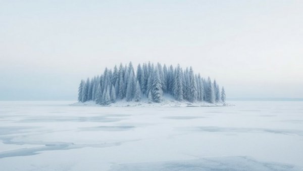 Snow-covered island in frozen lake, serene winter landscape.
