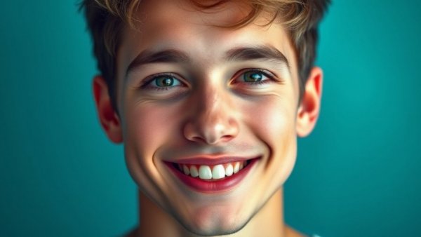 Grainy portrait of young man smiling, green-blue background.