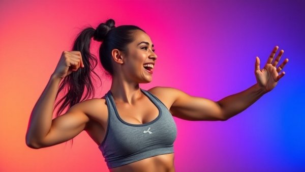Energetic fitness instructor with motivational expression, promoting high-performing studio team.