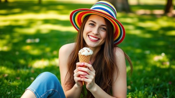 Young woman enjoying an ice cream in a park during a summer skills community celebration.
