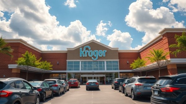 Kroger Price Cuts seen at a busy store entrance with parked cars.