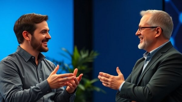 Two speakers discussing redesigning teamwork with AI in a studio setting.