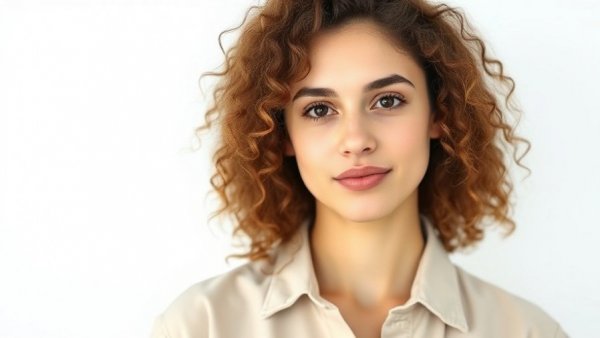 Casual woman with curly hair wearing a beige shirt, neutral background.