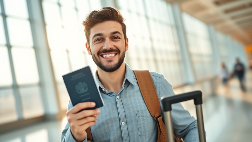 Charismatic man smiling in an airport, embodying travel blogging success.