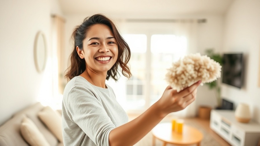 Young adult smiling while dusting a minimalist living room; top cleaning tips.