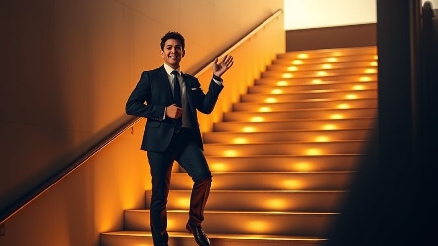 Confident young professional embodying personal development on illuminated steps.