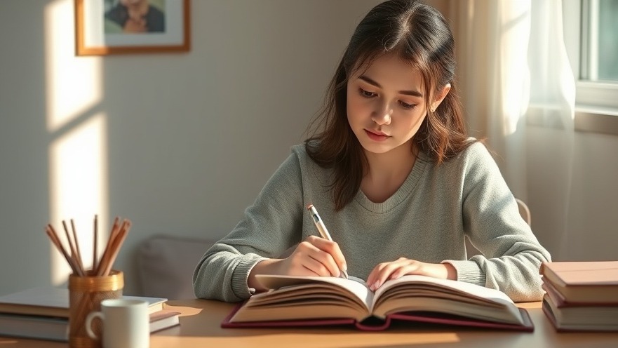 Thoughtful young woman reviewing personal growth strategies in a warm, serene setting.