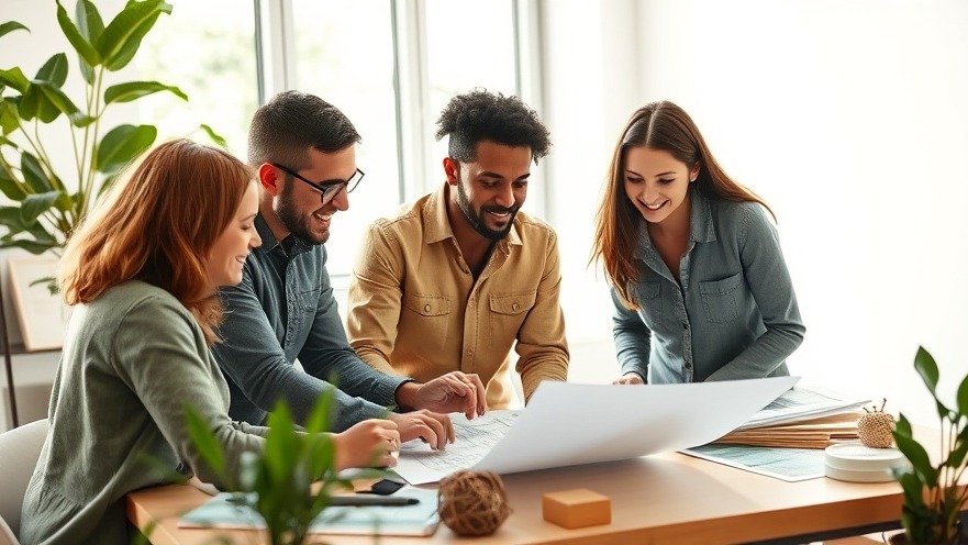 Diverse architects and builders collaborating on sustainable building plans in bright daylight.