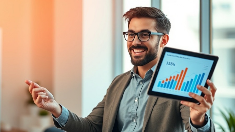 Confident marketing professional presenting brand metrics on a tablet under soft daylight.