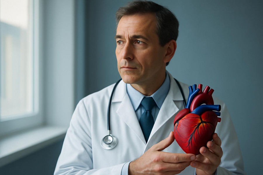 Middle-aged doctor holding heart model, reflecting on cholesterol and metabolic health.