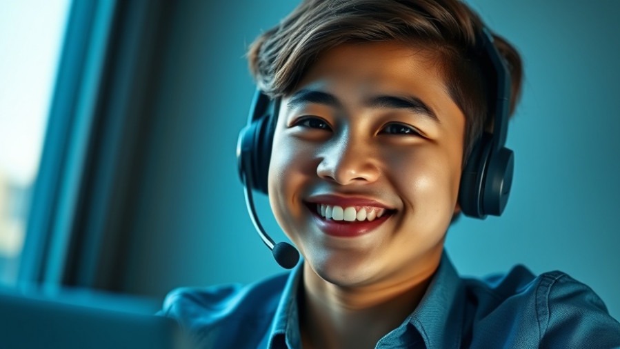 Motivated young sales professional in headset, engaged in AI training for sales.