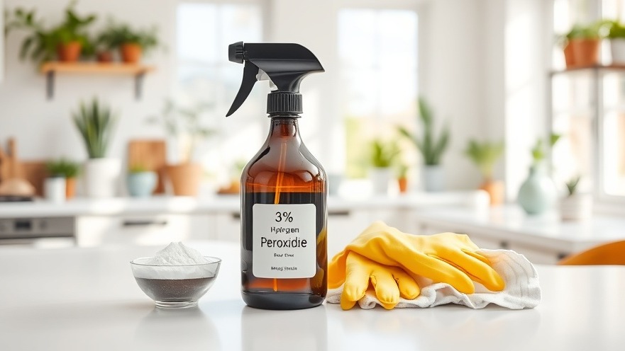 Bright kitchen with natural disinfectant, 3% hydrogen peroxide and eco-friendly cleaning tools.