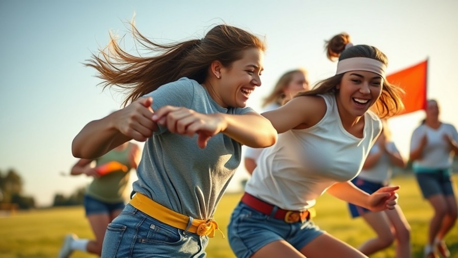 Diverse young women in sports joyfully playing youth flag football at golden hour.