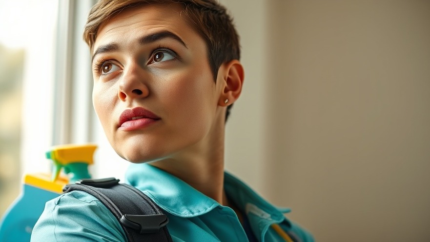 Ambitious cleaning business owner in uniform, determined expression, bright natural light.