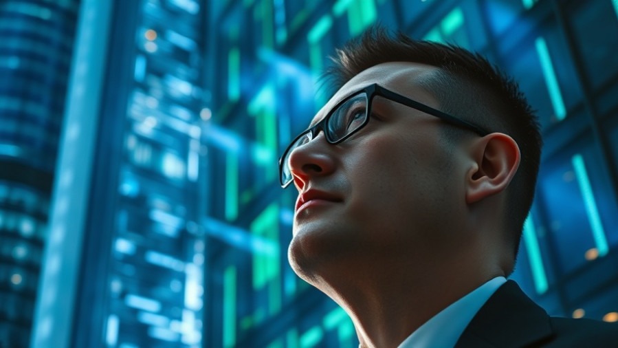 A building manager admires a futuristic skyscraper filled with digital data, embodying smart buildings.