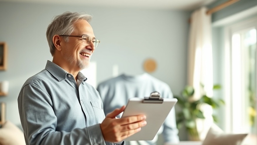 Cheerful homeowner assessing energy efficiency in a cozy living room.
