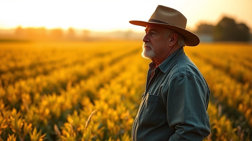 Pensive farmer in declining crops, highlighting fertiliser pricing and agricultural affordability.