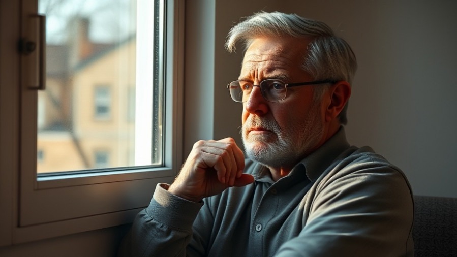 Compassionate middle-aged person pondering purpose in life by the window, soft morning light.
