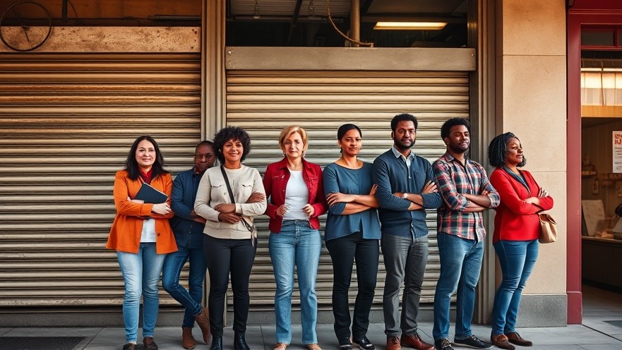 Diverse small business owners stand united in an ICE raids protest, emphasizing community activism.