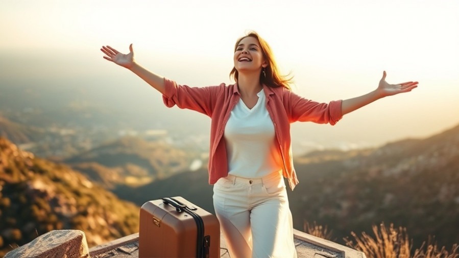 Joyful woman embracing freedom on a scenic overlook, embodying mini-retirements lifestyle.