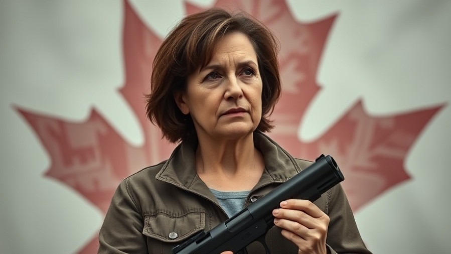 Thoughtful Canadian woman with empty gun case, reflecting on firearm regulations.