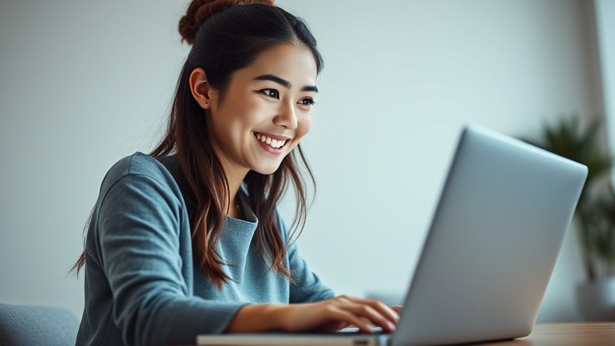 Confident young woman smiling while browsing, enhancing web navigation skills.