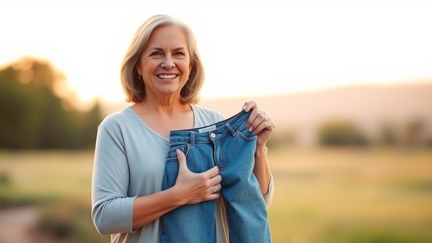 Smiling middle-aged woman holds oversized jeans, showcasing her personal weight loss journey.