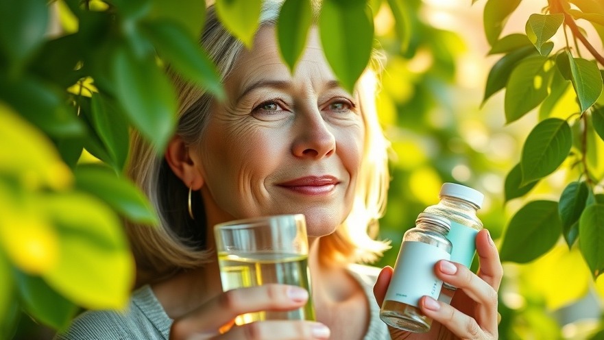 Middle-aged woman with supplements and water promoting chromium for blood sugar.