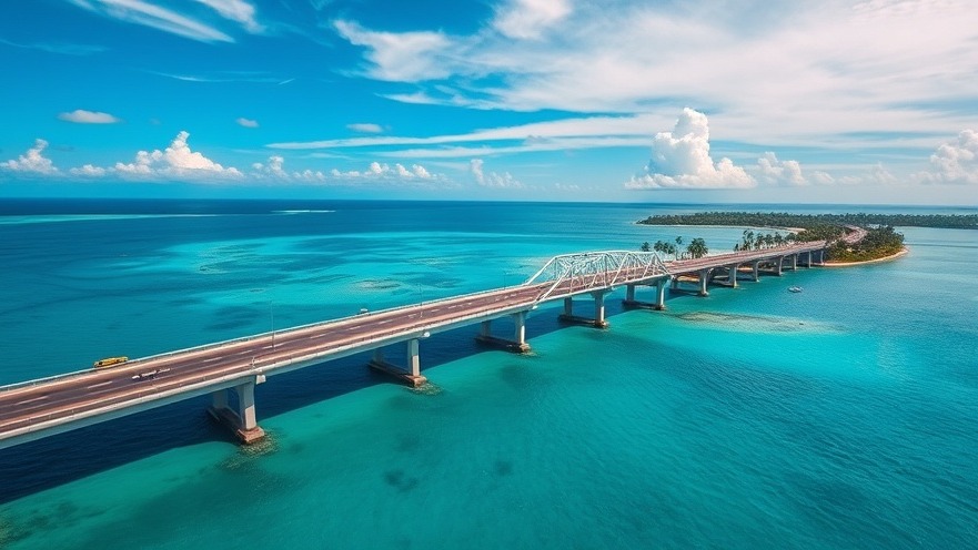 Overseas Highway bridge over turquoise waters with palm trees and tropical sky.