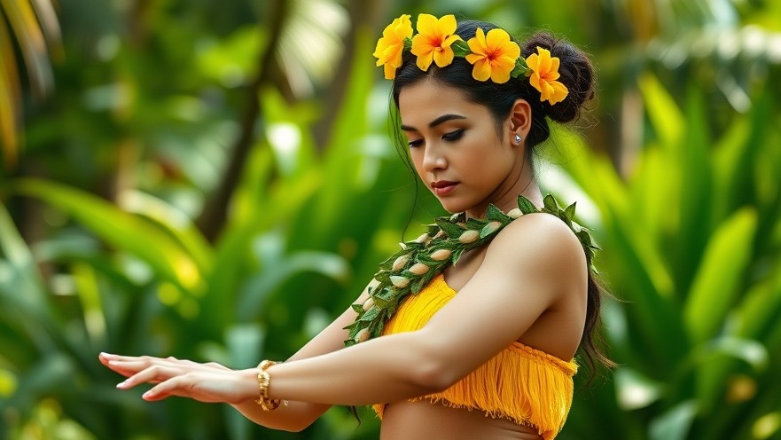Young female hula dancer performing traditional dance in vibrant colors.