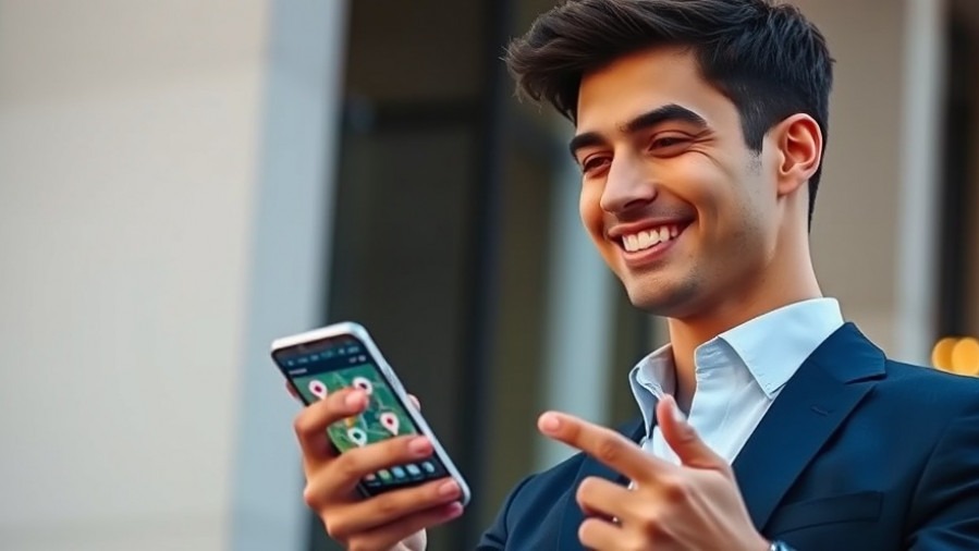 Young professional using smartphone to enhance local business visibility with map pins.