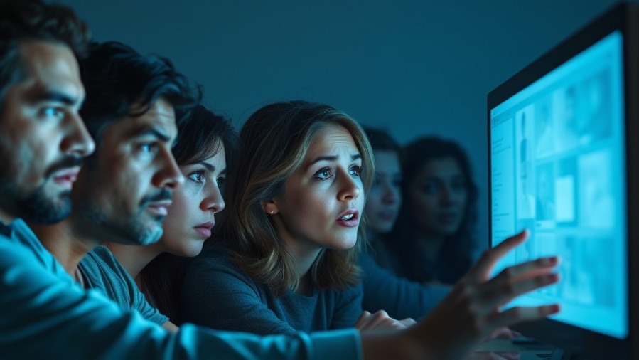 Diverse group expressing shock over deepfake technology concerns, illuminated by a computer screen.