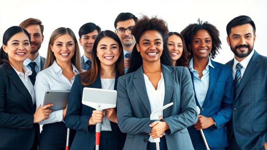 Diverse professionals in smart attire showcase cleaning industry innovation with a focus on sustainability.