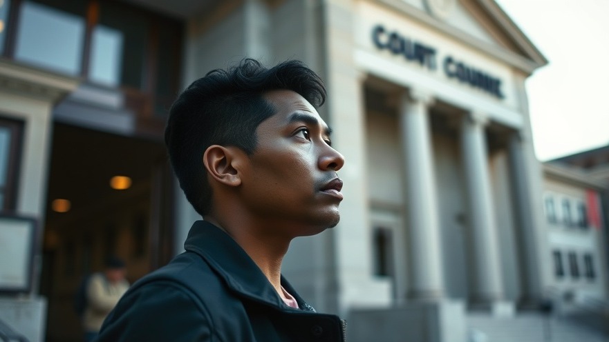 Diverse noncitizen at courthouse, reflecting on Second Amendment and immigration rights.