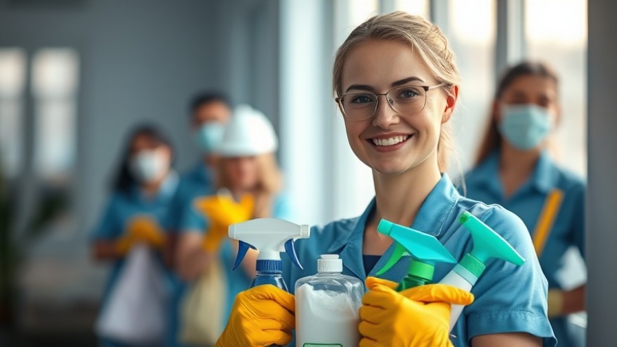 Confident cleaning crew leader showcases workforce retention strategies in skilled cleaning jobs.